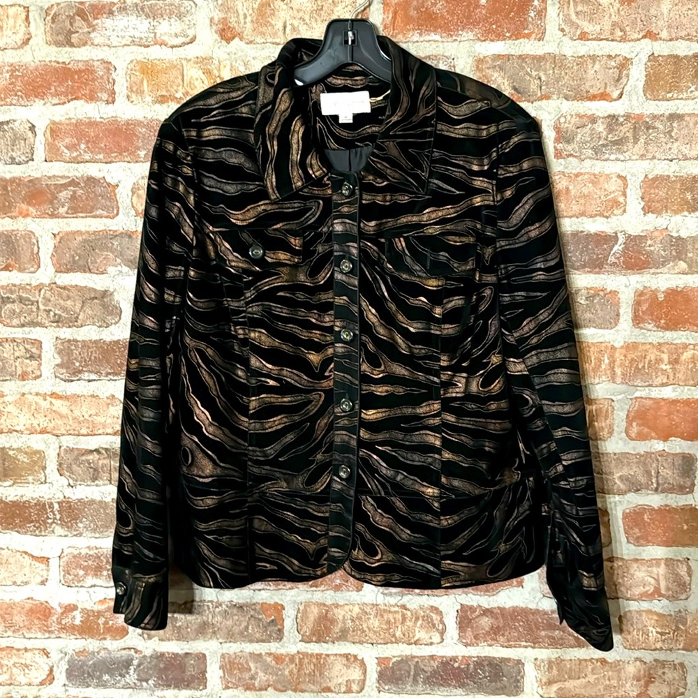 Erin London black velvet gold zebra embossed print button waist jacket size M